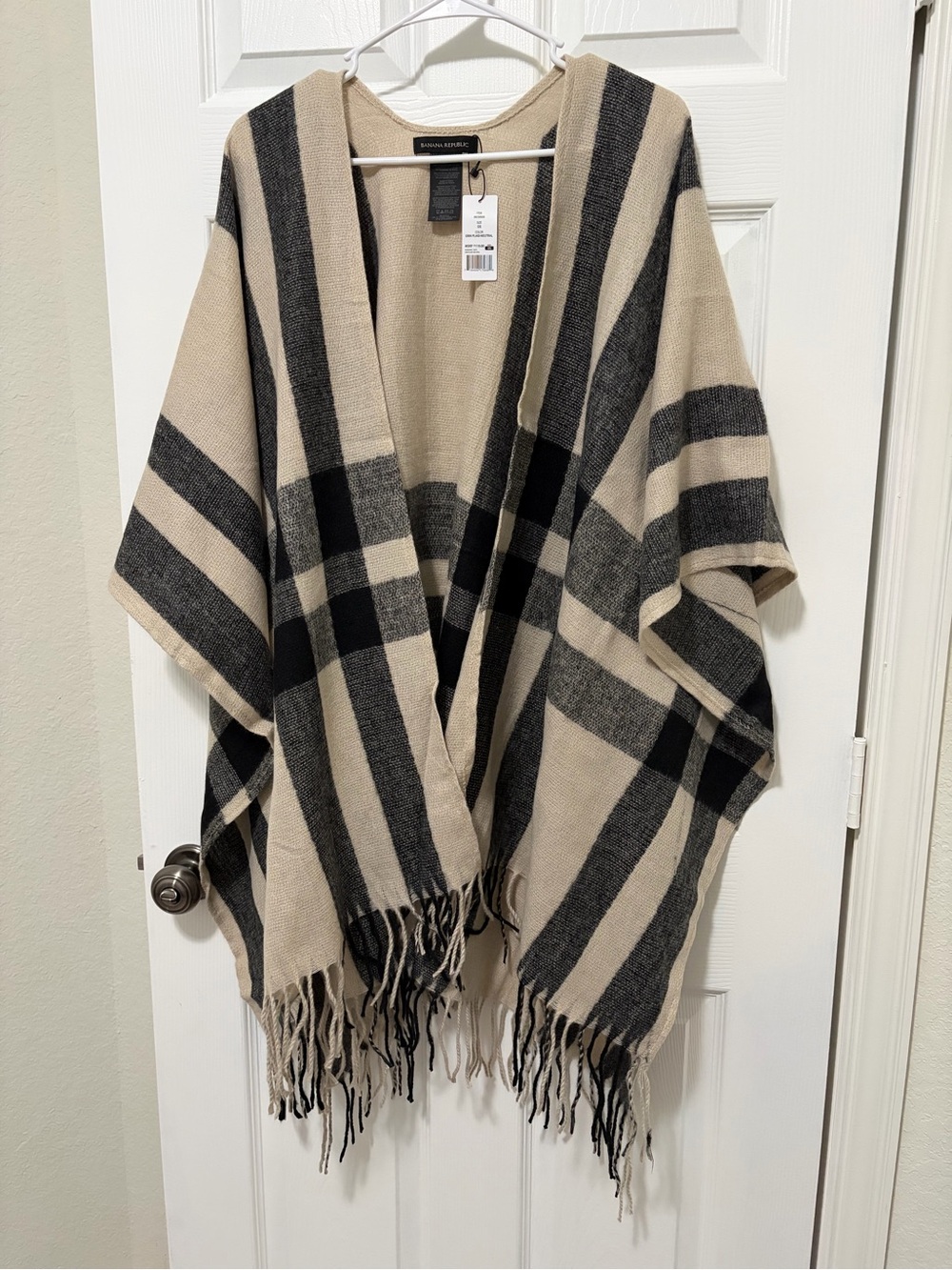 Banana Republic Black and Beige Plaid Fringe Cape